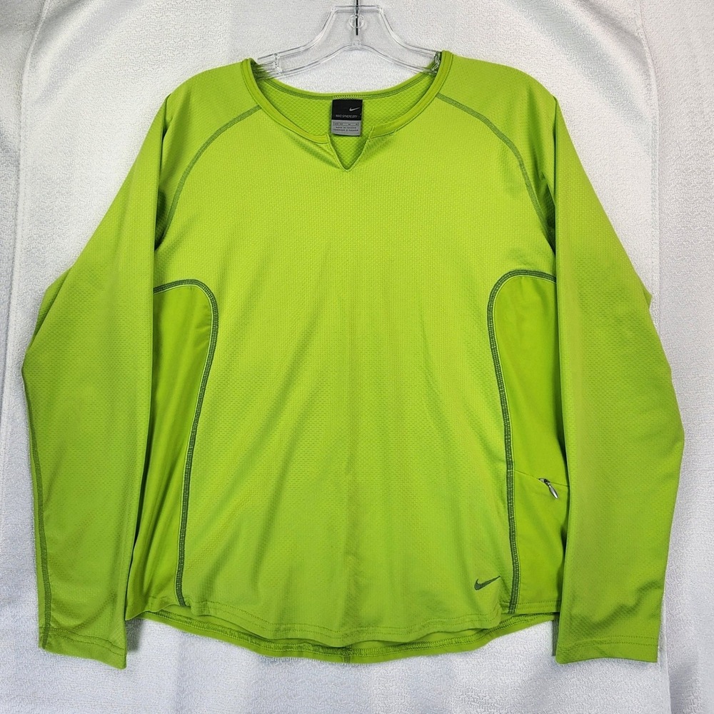 Nike Size M Lime Green Sphere Dry Running Top Long Sleeve V-Neck Activewear Neon
